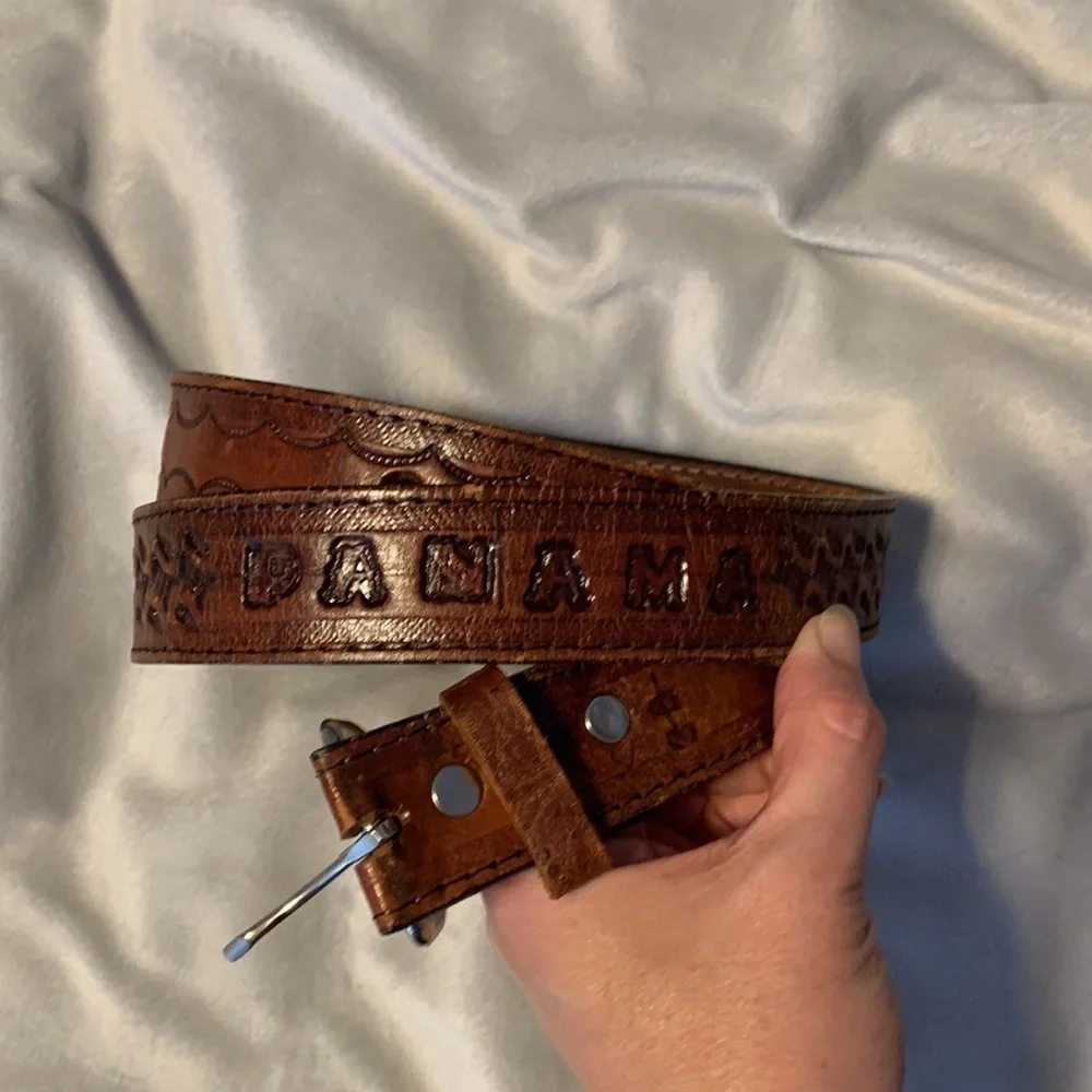 Panama leather tooled brown belt size 38